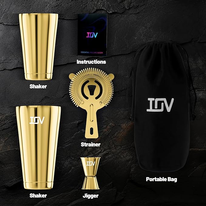 IOV Boston Cocktail Shaker Bar Set, Bartender Kit Drink Mixer Set with 18 oz & 28 oz Boston Shakers, Hawthorne Strainer, Double Jigger, Bar Tool Kit and Recipe Booklet - Gold