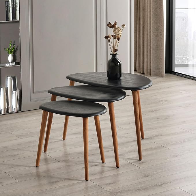 Solid Wood Nesting Coffee Table Set of 3 - Mid Century Modern Pebble Tables with Tapered Legs – Wooden Home Furniture in a Retro Style (Black)