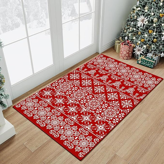2x3 Area Rug Red Christmas Entryway Carpet Xmas Holiday Decor Kitchen Carpet Snowflake Washable Non Slip Indoor Mat Decorative Throw Rug for Living Room Bedroom Dining Room Bathroom