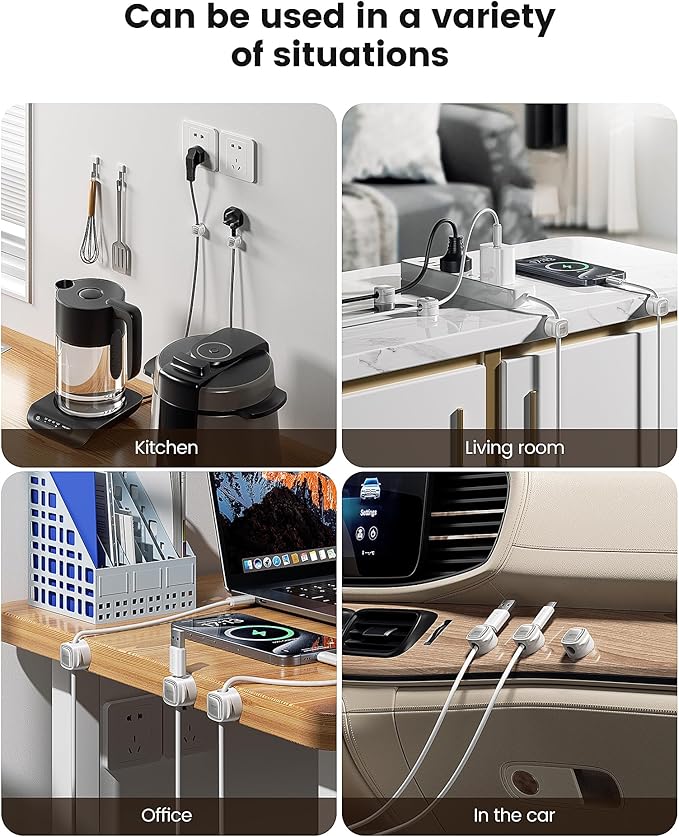 12 Pack Magnetic Cable Clips – Cord Organizer & Holder, Toocki Adhesive Cable Management, Wire Holder for USB Charging Cables, Ideal for Home, Office, Car, Desk, and Nightstand-White