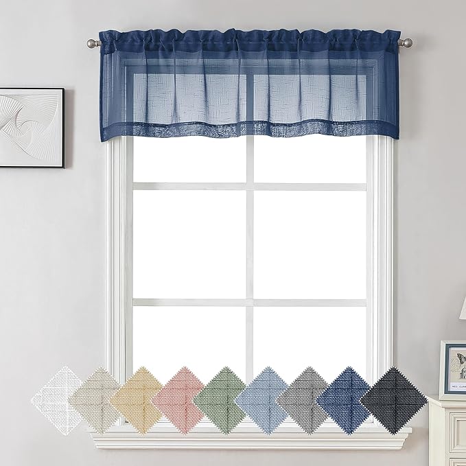 Aiyufeng Navy Blue Sheer Curtains/Valances 14 Inch Length for Kitchen, Small Short Casual Voile Valance Curtain Window Treatment Decor for Living Room Bathroom Cafe Laundry Basement, 60" W x 14" L