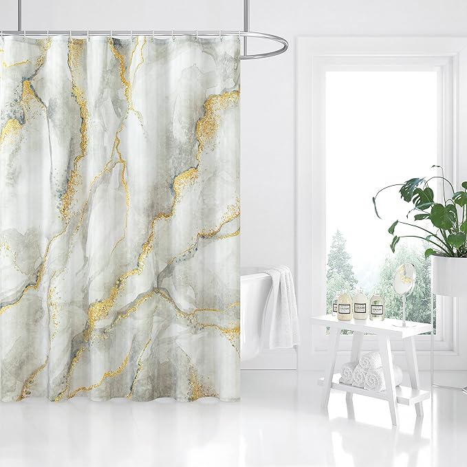 Marble Shower Curtain, Grey Marble Shower Curtain Set with 12 Hooks, Abstract Luxury Gray White Marble with Gold Veins Texture Shower Curtains for Bathroom, Waterproof Fabric, 72" W X 72" L