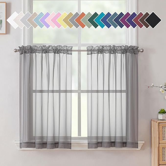 Aiyufeng Charcoal Grey Sheer Curtains 36 Inches Long 2 Panels Set, Short Kitchen Tier Curtains Solid Cafe Bathroom Window Panels, Rod Pocket, 40" Wx36 L