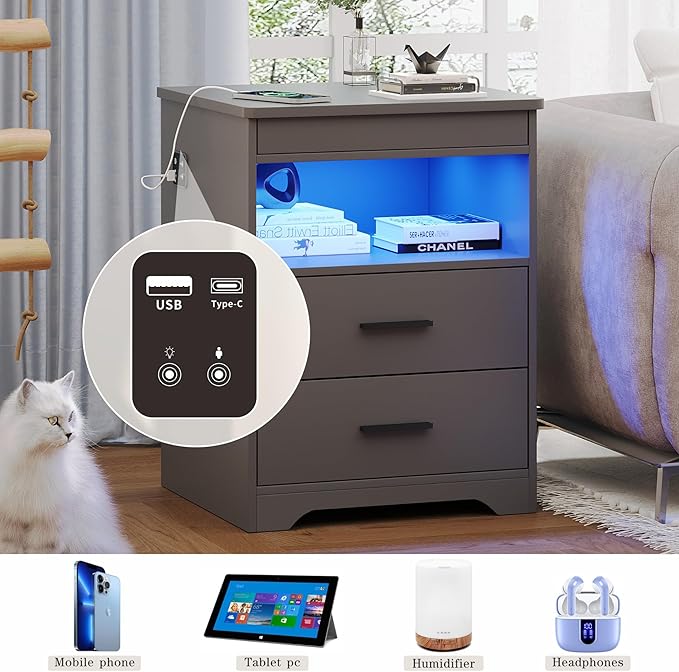 Nightstand with Gun Drawer, Charging Bedside Table with USB & Type-C Port, LED Night Stand with Human Sensor Light, Modern End Table with Drawers for Bedroom Office, Grey
