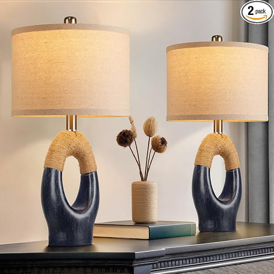 Set of 2 Boho Rattan Table Lamps,21" Farmhouse Rope Lamps for Bedroom Night Stands,Blue Bedside Lamps with Linen Shades for Living Room Coastal Beach Decor(Bulbs Not Included)