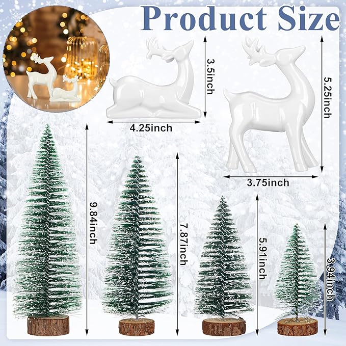Wesiti 2 Pcs Ceramic Christmas Reindeer Figurines 4 Pcs Mini Christmas Pine Tree Reindeer Decor Deer Statue Sculpture Tabletop Ornaments for Home Mantel Shelves Decor(White)