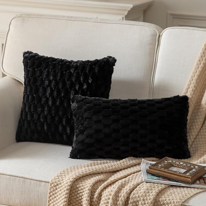 Pack of 2 Super Soft Throw Pillow Covers 12x20 Inch Faux Fur Plush Pillowcase Luxury Cozy Fluffy Decorative Cushion Cover for Sofa Couch Bed Livingroom Black