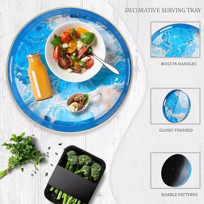 Spsyrine Round Marble Decorative Tray, 13" Plastic Serving Tray with Handles for Breakfast, Ottoman, Coffee Table, Bathroom, Kitchen, Living Room