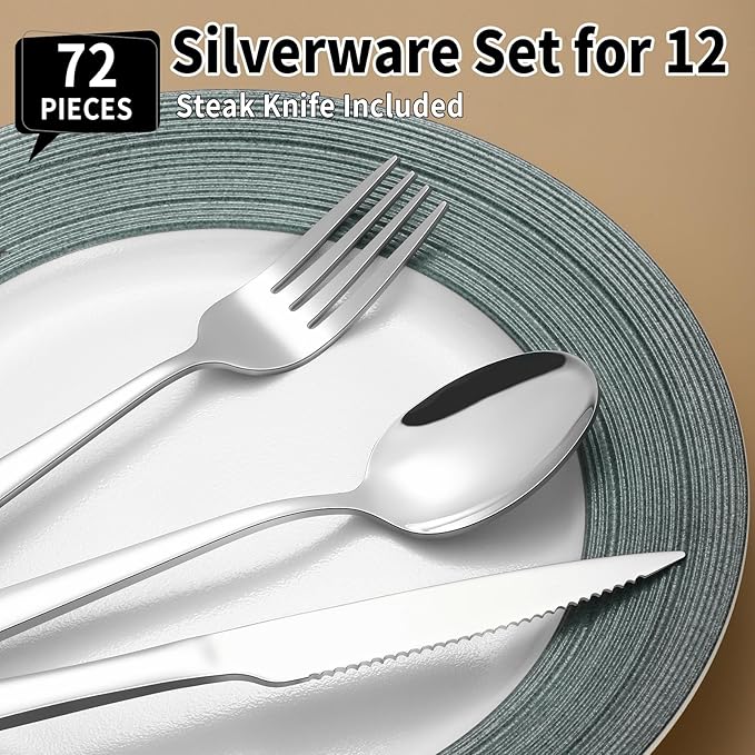72 Piece Silverware Set with Steak Knives for 12, Prendcyx Stainless Steel Flatware Set, Food-Grade Tableware Cutlery Set Includes Forks Spoons Knives, Mirror Polished, Dishwasher Safe