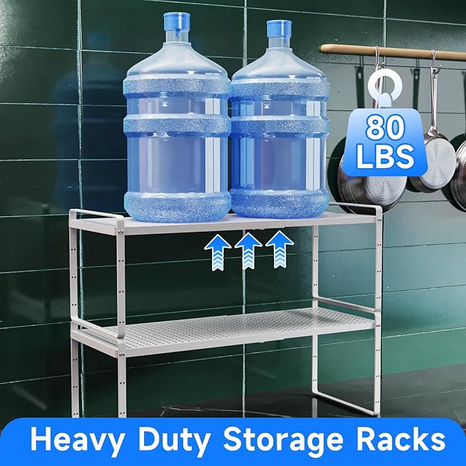 Expandable Cabinet Shelf Organizers, Kitchen Small Stand Rack Organization for Countertop Cupborad Pantry, White 2 Pack