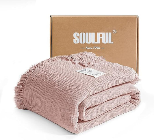 SOULFUL Muslin Throw Blanket with Tassels - Soft Twin Cotton Throw Blanket for Couch or Bed, Lightweight and Breathable Gauze for All Seasons, LightChampagne, 60" x 80"