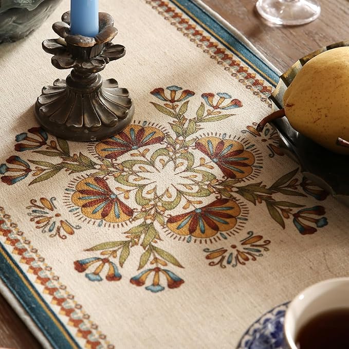 patdrea Designer Beige Farmhouse Geometric Patterned Extra Long,Wrinkle Resistant Linen Table Runner 118 Inch Long,Decoration for Kitchen Dining and Coffee Tables Banquet Christmas , 12"x118"