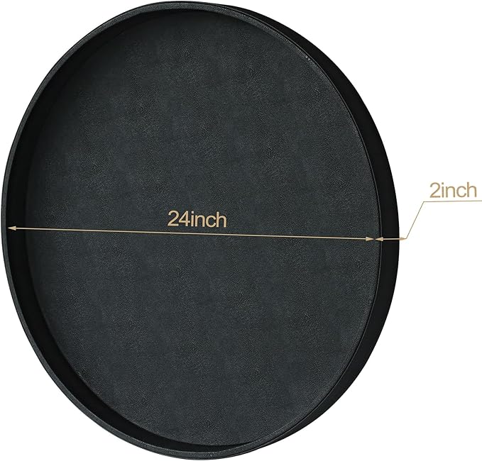 HofferRuffer Large Round Serving Tray 24'', Elegant Faux Leather Circle Ottoman Table Tray, Serve Tea Coffee Breakfast in Bedroom Living Room Kitchen (Classic Black)