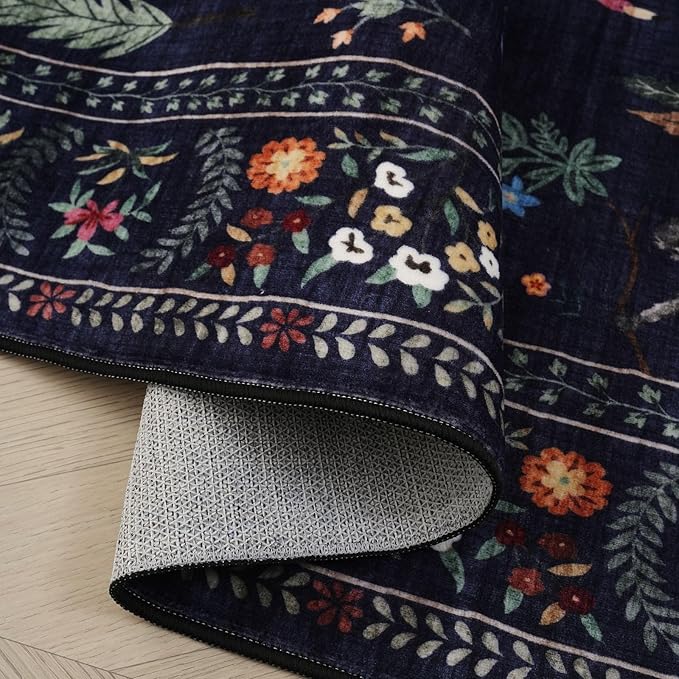Rugcomf Area Rug 4x6 Rug Washable Boho Rugs Non Slip Low Pile Floral Animal Small Carpet for Bedroom, Bedside, Kids Room, Office, Dining Room (Blue)