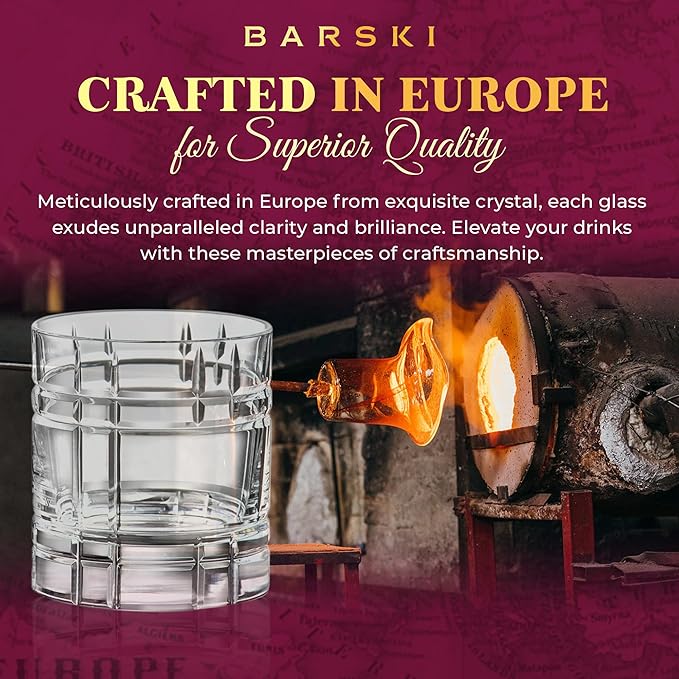 Barski Whiskey Glasses - Double Old Fashioned Rocks Glass - Set of 4 Lowball Tumbler - DOF Crystal Glass Tumblers - For Scotch - Bourbon - Water - Beverage - Drinking Glasses - 11 oz - Made in Europe