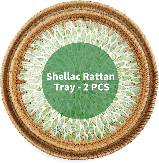 Round Rattan Tray with Mother of Pearl Inlay, Decorative Rattan Serving Tray for Home Boho Decor, Coffee Table, Bread, Food, Tea, Fruit Wicker Basket, 100% Natural Materials Green(12"+13.8") 1 Set