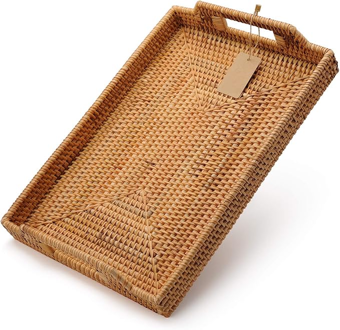 Hand-Woven Rattan Rectangular Serving Tray with Handles for Breakfast, Drinks, Snack for Coffee Table (17x11.4x1.8inches)