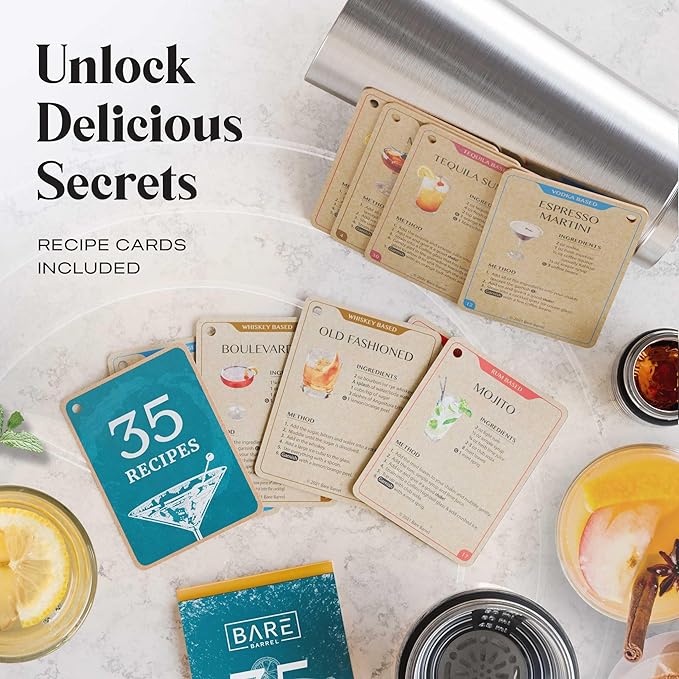 Insulated Cocktail Shaker Set | Double Wall Stainless Steel | Martini Shaker for Home Bar Bartending | Built-in Drink Measurement System & Strainer, Travel Bag, 35 Recipes | Gift Set (Silver)