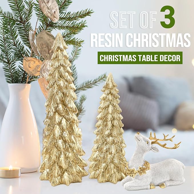 3 Pack Christmas Trees and Reindeer Figurines Decoration- 2 Glittered Christmas Tree Statues and 1 Deer Vintage Christmas Decor Set, Resin Ornaments Tabletop Shelf Office Display Stand Indoor(Gold)