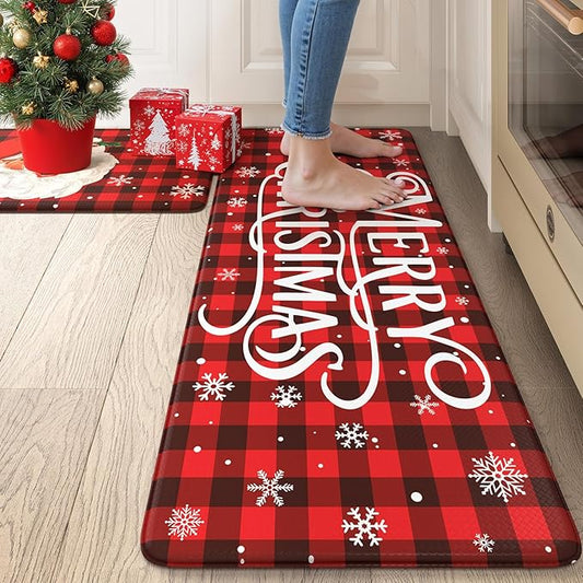 Christmas Buffalo Plaid Santa Claus Kitchen Mat 2PCS, Cushioned Anti Fatigue Kitchen Mats for Floor Non Skid Waterproof Comfort Foam Standing Rugs for Desk Laundry Office Home Decor, 17"x30"+17"x47"