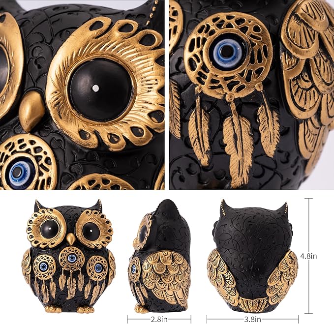 Vintage Black Owl Statue Home Decor - Evil Eye Accent for Bookshelf, Bedroom, Living Room, Office & Table. Cute Small Animal Sculpture Gift for Owl & Birds Lovers