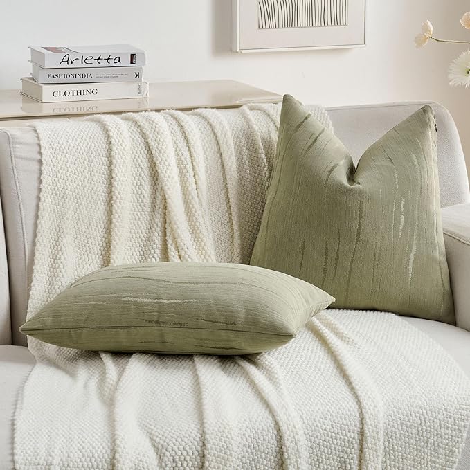 FUTEI Olive Green Chenille Decorative Throw Pillow Covers 22x22 Inch Set of 2,Soft Embossed Striped Textured Cushion Case,Modern Home Decor for Couch Bed Living Room