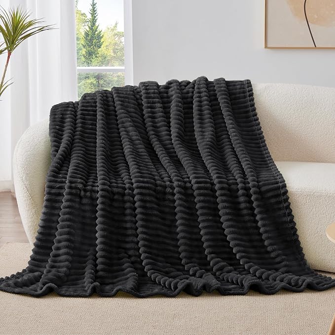 BEDELITE Fleece Throw Blanket for Couch - 300GSM Soft & Warm Fluffy Black Blanket, Decorative and Giftable Striped Blankets for Women, Men, 50"x60"