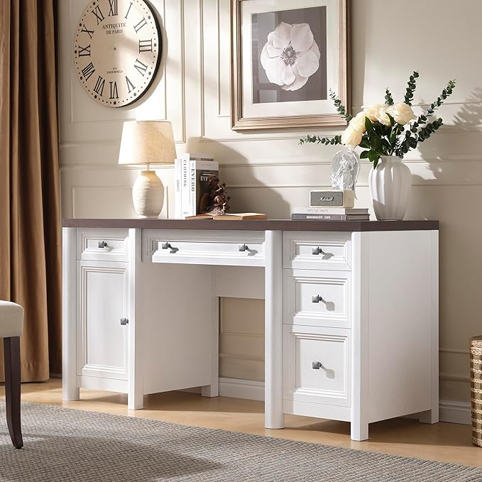 58” Executive Office Desk with Storage, White Home Office Desk with 5 Drawers, Farmhouse Writing Table with Cabinet Adjustable Shelf, White & Walnut Wooden Desk, Workspace for Study Writing