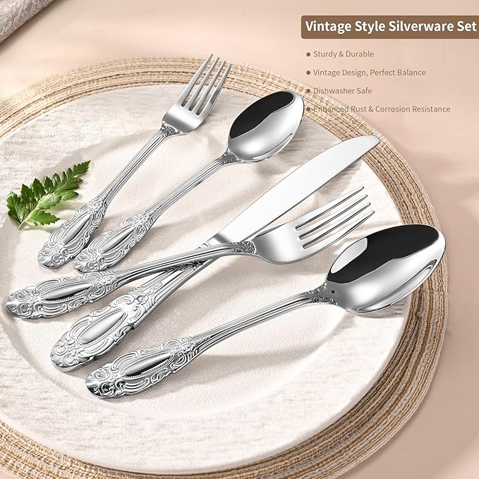 20-Piece Silverware Set for 4, Retro Mirror Polished Flatware Cutlery Set - Dishwasher Safe. Stainless Steel Utensils for Everyday & Holiday Dining