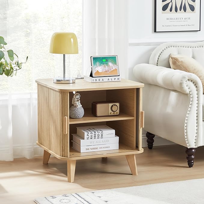 AVZEAR 24" Large Square End Table with Charging Station, Farmhouse Fluted Sofa Side Table with Sliding Tambour Door & Storage, Curved Rustic Wood Nightstand for Living Room, Bedroom, Natural