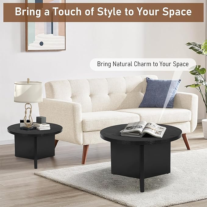 Round Nesting Coffee Tables Set of 2, Modern Stacking Table with Wood Grain Finish, End Table Side Tables for Living Room (Black)