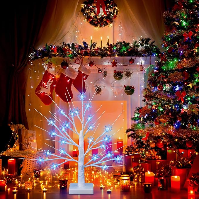 Retisee Snowflake Tree LED Light with 24 LED Lights Timer USB Battery Operated Christmas Snow Indoor Outdoor for Home Table Party Decor(Blue Color,Snowflake)