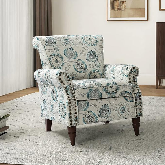 HULALA HOME Modern Wingback Accent Chair with Wood Legs & Removable Cushion, Comfy Upholstered Armchair with Nailhead Trim, Floral Pattern Single Sofa Chair for Living Room Bedroom, Medallion