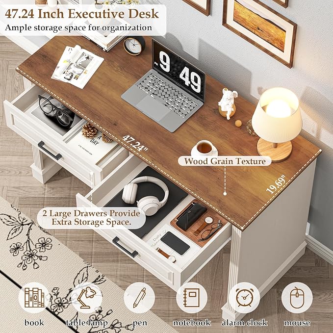 Farmhouse Executive Desk, 48 Inch Computer Desk with 2 Drawers, Simple Home Office Writing Desk Workstation for Bedroom Study Small Spaces, White and Brown