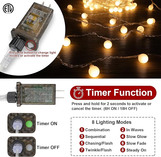 33 Feet 100 Led Globe Lights Plug in,8 Modes with Remote Indoor Fairy Lights Outdoor Christmas Lights for Bedroom Party Wedding Garden Christmas Tree Deco(Warm White)