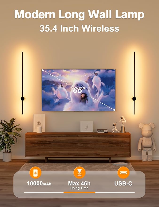 Battery Operated Wall Sconces Set of 2,10000mAh Rechargeable Wireless Sconces with Remote Control,Halloween Decor Dimmable Wall Lamps with 7 Colors,35.4 Inch Modern Black Wall Lights