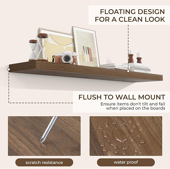 RICHFOCUS 55Inch Floating Shelves for Wall 1 Pack Shelves for Bedroom|Kitchen|Bathroom Wall Mounted Rustic Wood Floating Shelf with Invisible Brackets for Books|Storage|Decor, Walnut