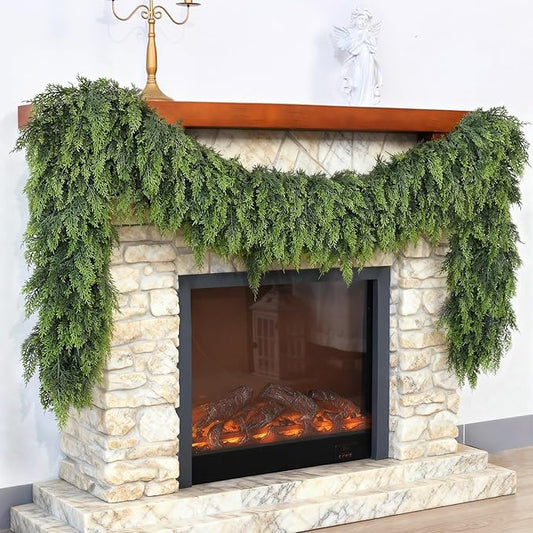 Christmas Cedar Garland - 9ft Artificial Cedar Garland Faux Lush Green Fake Pine Needles for Fireplace,Table,Window,Stairs,Mante,Holiday Indoor Outdoor Xmas Decor(2PCS)