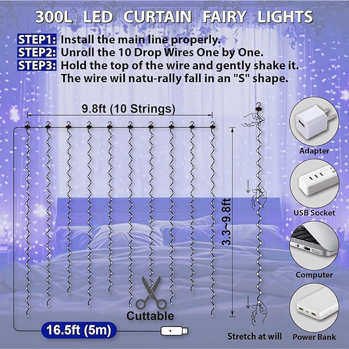 HXWEIYE 300LED Fairy Curtain Lights, 9.8x9.8Ft Blue USB Plug in 8 Modes Timer Christmas String Hanging Lights with Remote for Bedroom Backdrop Wedding Party Home Wall Garden Outdoor Indoor Decor