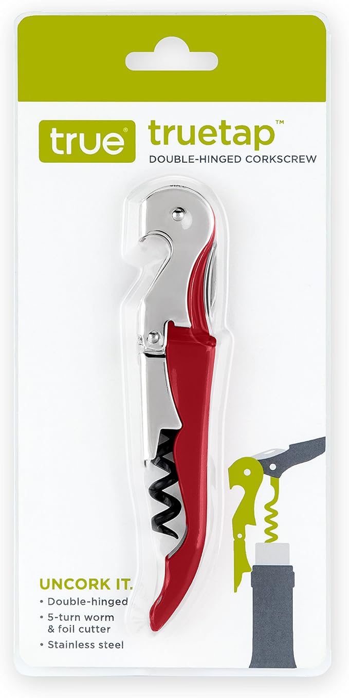 True Brands TrueTap Double Hinged Waiters Corkscrew, Top-notch Stainless Steel Opener with Foil Cutter Built to Last Wine Key Metallic Red, Set of 1 (Pack of 2)