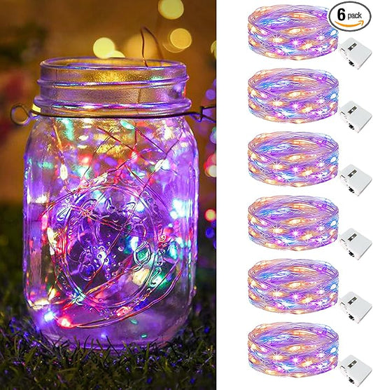 btfarm 6 Pack Fairy Lights Battery Operated [3 Modes], 7ft 20 Led Twinkle Lights String Lights Waterproof Bulk Small Mini Silver Wire for Mason Jars Vases Wedding Table Centerpiece, Multicolor