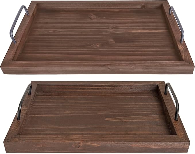Besti Rustic Vintage Food Serving Trays (Set of 2) | Nesting Wooden Board with Metal Handles | Stylish Farmhouse Decor Serving Platters | Large: 15 x2 x11 - Small: 13 x2 x9 inches (Rustic Burnt)