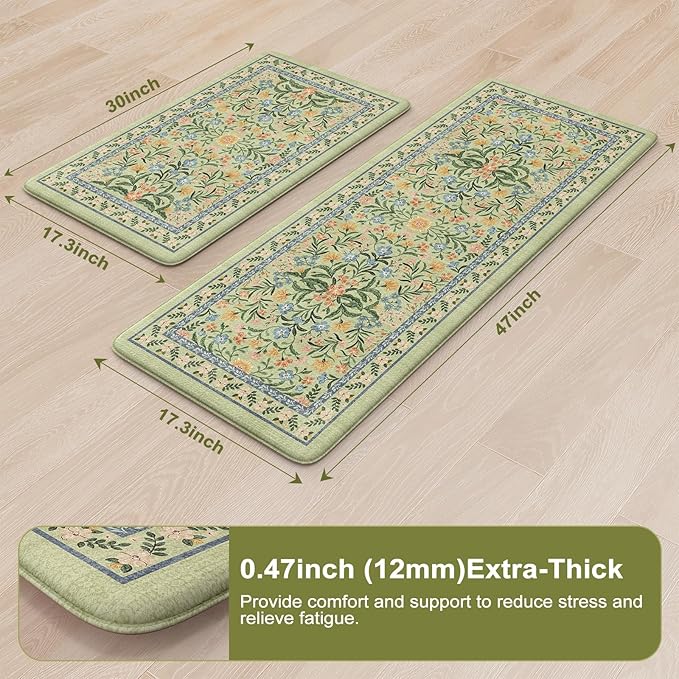 Collive Anti Fatigue Mat for Kitchen Floor, Green Floral Kitchen Mats for Floor Set of 2, Cushioned Waterproof Sink Rugs Non Slip Comfort Standing Rug for Office, Laundry, Desk