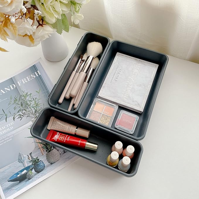 Gonice 13 PCS Drawer Organizer Tray, Interlocking Office Desk Drawer Storage, Black Plastic Organizer Bins for Office Supplies and Tools, Desk Drawer Organizer for Bathroom and Kitchen