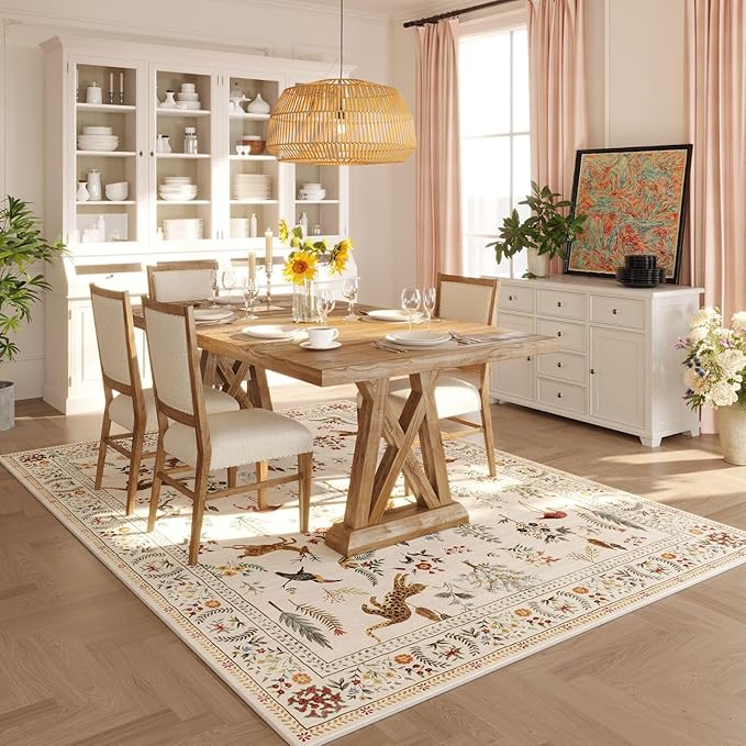 Rugcomf Area Rugs 9x12 Living Room Clearance Washable Boho Rug Non Slip Floral Animal Vintage Low Pile Large Rug for Living Room, Bedroom, Farmhouse, Dining Room, Kids Playroom (Beige)