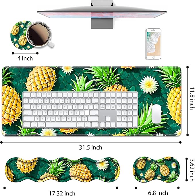 4 in 1 Ergonomic Keyboard Wrist Rest & Mouse Pad Wrist Rest Set, Large XXL Gaming Desk Mat 31.5"x 11.8" with Non-Slip Base, Memory Foam for Home Office Study Gaming, Pineapple