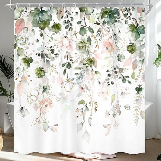 Summer Green Pink Floral Flower Shower Curtain 60Wx72L Inch Spring Floral Eucalyptus Leaves Wildflower Gold Plant Pretty Botanical Bathroom Set Girl Bath Curtain Bathtub Accessories Home Decor