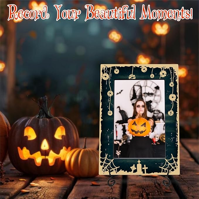 4X6" Halloween Picture Frame With A Metal Stand-Dark Style,Gifts for Kids Friends Family, Spider Web Wooden Photo Frame For Tabletop Display,Black Print,Halloween Decoration,Halloween Theme-A25