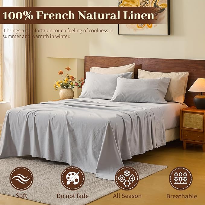 MEISHANG 100% French Pure Linen Sheets King Size - Bed Sheets 4 Piece Sets, Soft Durable Flax Linen, Anti-Tear Breathable Oeko-Tex Certified with 16" Deep Pocket (Silver Grey)