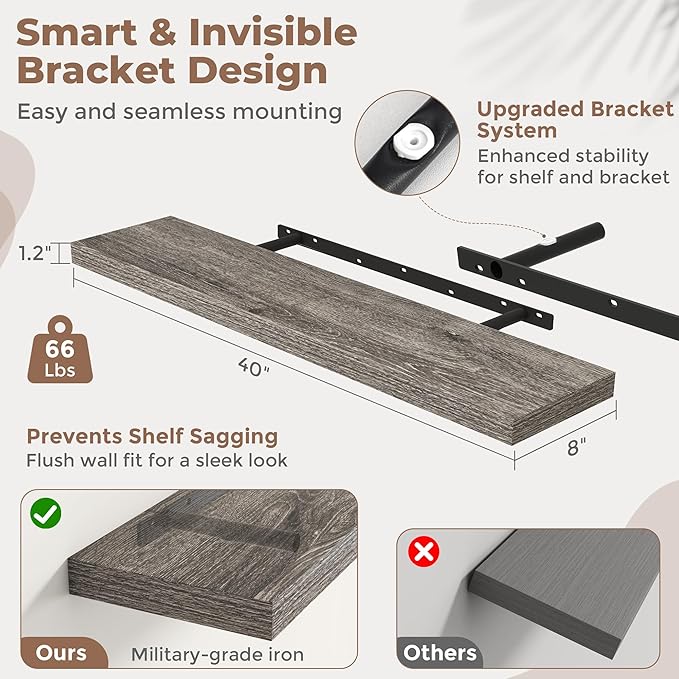 40 Inch Floating Shelves for Wall Set of 2, 8"D Wood Grain Bathroom Shelves with Invisible Brackets, Easy Install Engineered Wood Storage Shelves for Kitchen, Living Room, Bedroom, Grey Oak Finish